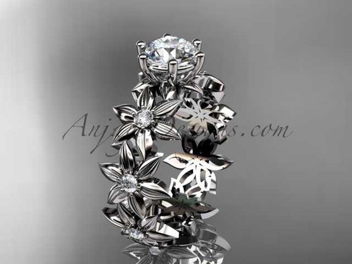 Unique 14k white gold diamond floral engagement ring with a "Forever One" Moissanite center stone ADLR339
