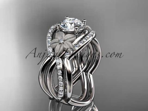 platinum diamond leaf and vine wedding ring, engagement ring with "Forever One" Moissanite center stone and double matching band ADLR90S