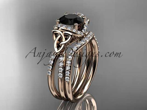 14kt rose gold diamond celtic trinity knot wedding ring, engagement set with a Black Diamond center stone CT7155S