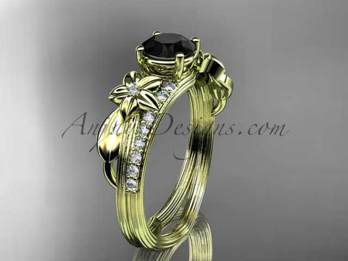 14kt yellow gold diamond leaf and vine wedding ring, engagement ring with a Black Diamond center stone ADLR331