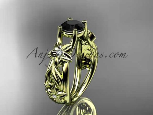14kt yellow gold diamond floral wedding ring, engagement ring with a Black Diamond center stone ADLR216