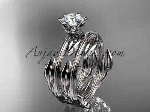 14k white gold leaf and vine wedding ring, engagement set ADLR343S