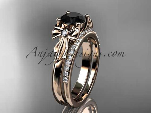 14kt rose gold diamond unique engagement set, wedding ring with a Black Diamond center stone ADER154S