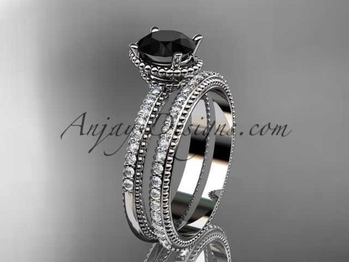 platinum diamond unique engagement set, wedding ring with Black Diamond center stone ADER86S