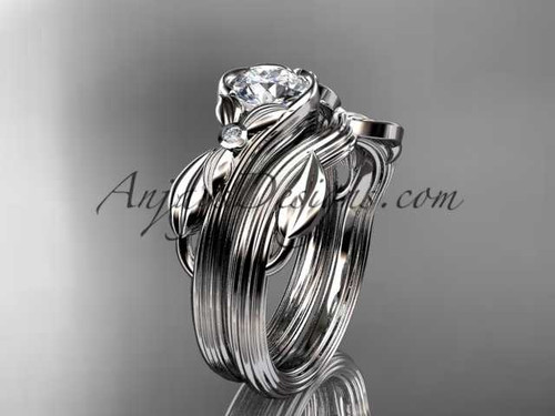 Unique Leaf Engagement Ring, Platinum Forever One Moissanite Wedding Set ADLR324S