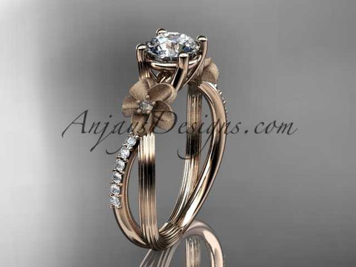 14kt rose gold diamond leaf and vine wedding ring, engagement ring with a "Forever One" Moissanite center stone ADLR214