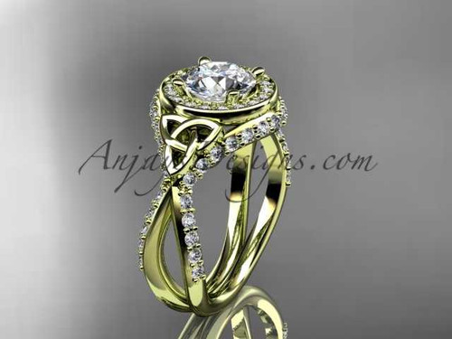 14kt yellow gold diamond celtic trinity knot wedding ring, engagement ring with a "Forever One" Moissanite center stone CT7416