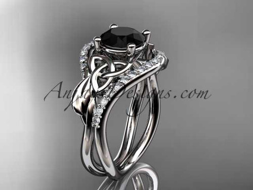 14kt white gold diamond celtic trinity knot wedding ring, engagement ring with a Black Diamond center stone CT7244