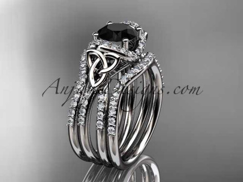 14kt white gold diamond celtic trinity knot wedding ring, engagement ring with a Black Diamond center stone and double matching band CT7155S