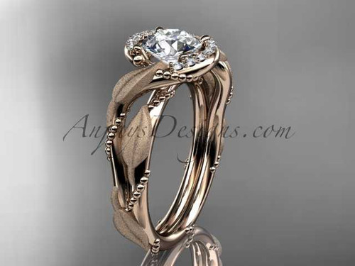 Awesome Leaf And Vine Engagement Ring, 14kt Rose Gold Halo Diamond Ring ADLR65