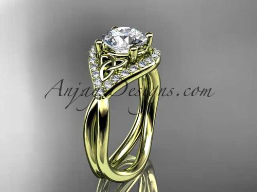 14kt yellow gold diamond celtic trinity knot wedding ring, engagement ring with a "Forever One" Moissanite center stone CT7390