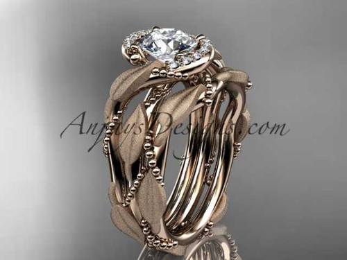 14kt rose gold diamond leaf and vine wedding ring, engagement set ADLR65S