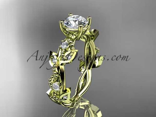 14kt yellow gold diamond leaf and vine wedding ring, engagement ring with "Forever One" Moissanite center stone ADLR59
