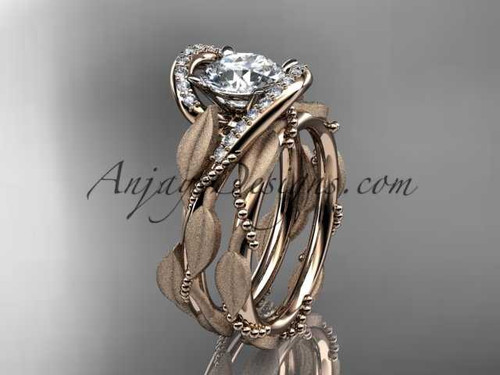 Lab diamond engagement set, 14k rose gold leaf floral bridal