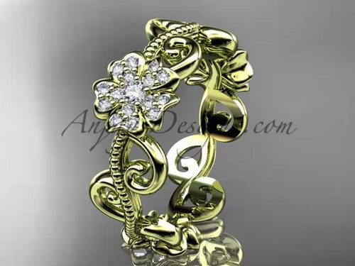 Cherry Blossom Flower Wedding Ring, 14kt Yellow Gold Diamond Sakura Flower Band VD8138
