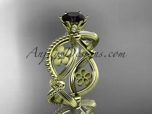 14kt yellow gold diamond floral wedding ring, engagement ring with a Black Diamond center stone ADLR192