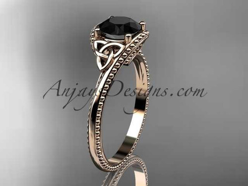 14kt rose gold celtic trinity knot wedding ring, engagement ring with a Black Diamond center stone CT7322