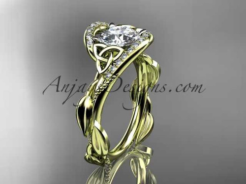 14kt yellow gold celtic trinity knot engagement ring , wedding ring with "Forever One" Moissanite center stone CT764