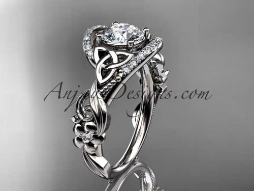 platinum diamond celtic trinity knot wedding ring, engagement ring with a "Forever One" Moissanite center stone CT7211