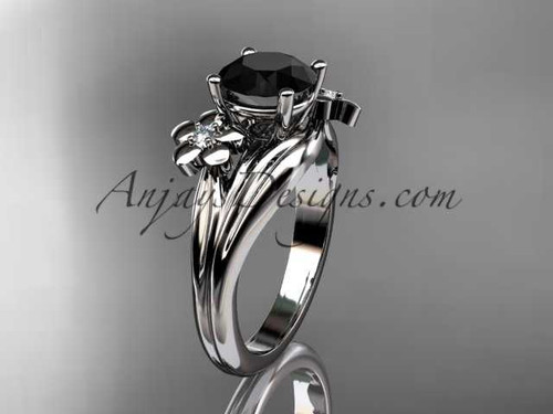 platinum diamond leaf and vine wedding ring, engagement ring with a Black Diamond center stone ADLR159