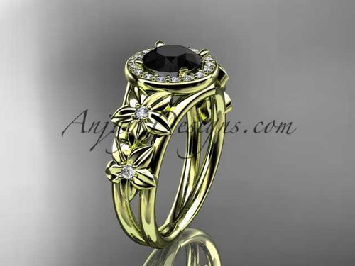 14kt yellow gold diamond floral wedding ring, engagement ring with a Black Diamond center stone ADLR131