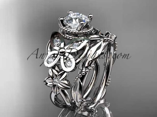 14kt white gold diamond floral, butterfly wedding ring, engagement set with a "Forever One" Moissanite center stone ADLR136S