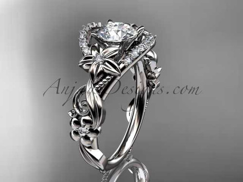 platinum flower diamond unique engagement ring with a "Forever One" Moissanite center stone ADLR211