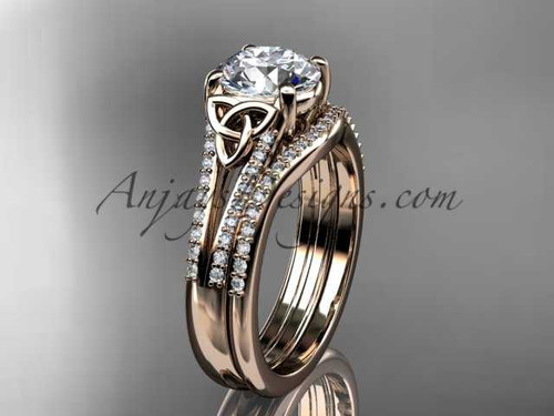 Celtic Inspired Trinity Bridal Ring Set, 14kt Rose Gold Moissanite Engagement Ring CT7108S