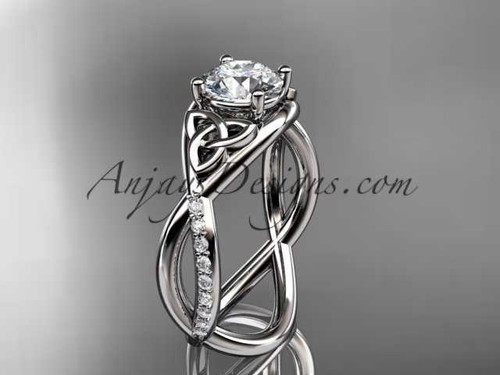 platinum celtic trinity knot engagement ring, wedding ring with a "Forever One" Moissanite center stone CT790