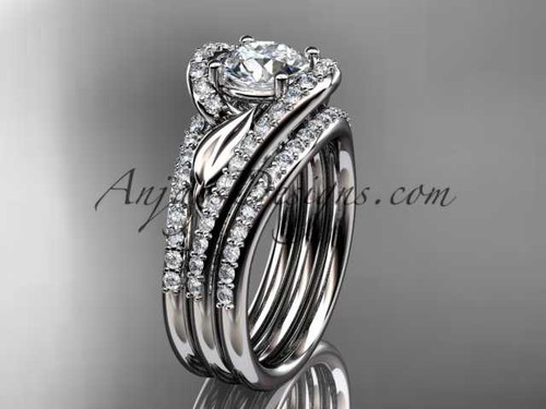platinum diamond leaf wedding ring with a "Forever One" Moissanite center stone and double matching band ADLR317S
