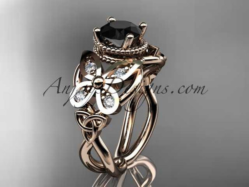 Handmade Diamond Celtic Wedding Ring, 14kt Rose Gold Butterfly Engagement Ring with a Black Diamond center stone CT7136
