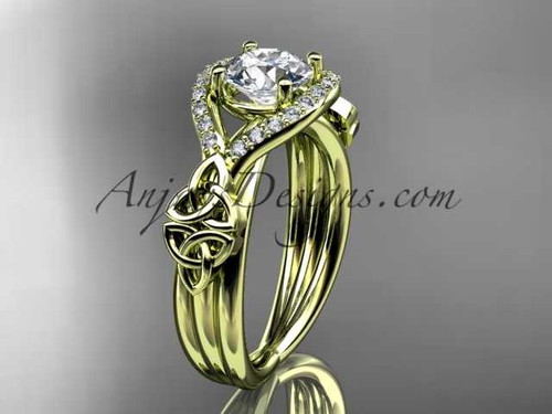 14kt yellow gold celtic trinity knot engagement ring ,diamond wedding ring with "Forever One" Moissanite center stone CT785