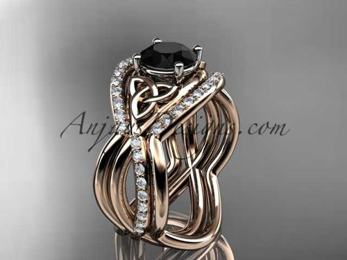14kt rose gold celtic trinity knot engagement ring, wedding ring with a Black Diamond center stone and double matching band CT790S