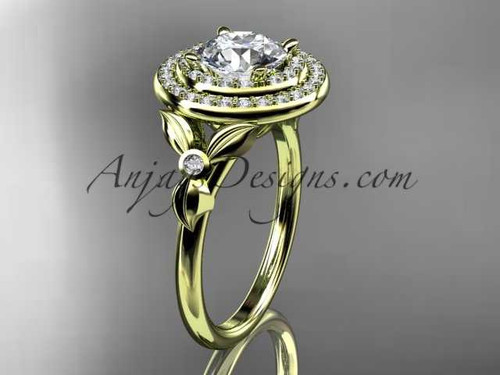 14kt yellow gold diamond floral wedding ring, engagement ring with a "Forever One" Moissanite center stone ADLR133