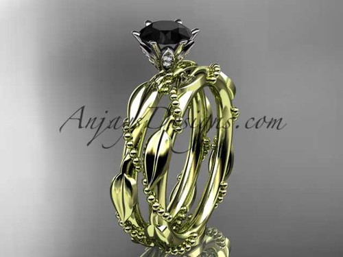 14k yellow gold diamond vine and leaf wedding ring, engagement set with a Black Diamond center stone ADLR178S