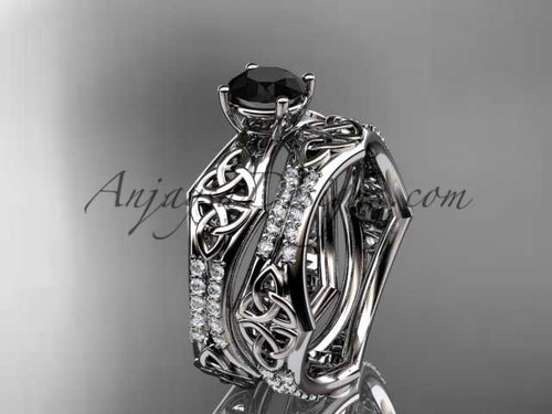 platinum diamond celtic trinity ring, triquetra ring, engagement set with a Black Diamond center stone CT7353S