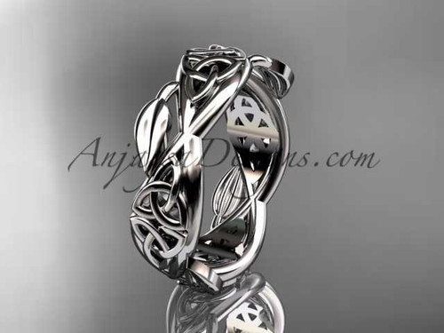 Triquetra Engagement Ring with Leaves, 14kt White Gold Celtic Trinity Knot Wedding Band CT7520G