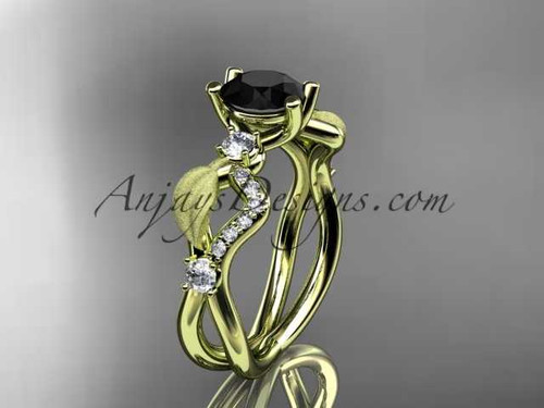 14kt yellow gold diamond leaf and vine wedding ring, engagement ring with Black Diamond center stone ADLR68