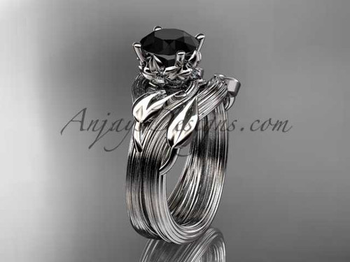 Black Diamond Leaf and Flower Wedding Ring, Unique Platinum Engagement Ring Set ADLR240S Black Diamond Leaf and Flower Wedding Ring, Unique Platinum Engagement Ring Set ADLR240S