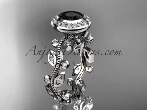 platinum diamond leaf and vine wedding ring, engagement ring with a Black Diamond center stone ADLR212
