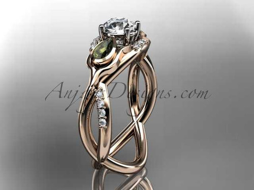 Unique 14kt rose gold diamond tulip flower, leaf and vine engagement ring with a "Forever One" Moissanite center stone ADLR226