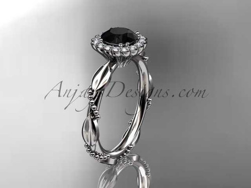 14kt white gold diamond leaf and vine wedding ring, engagement ring with a Black Diamond center stone ADLR337