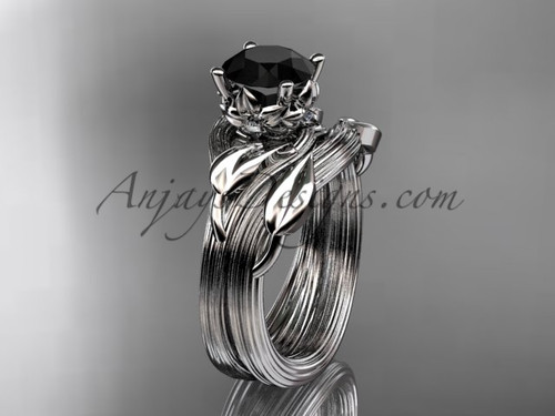 14kt white gold diamond flower, leaf and vine wedding ring, engagement set with a Black Diamond center stone ADLR240S