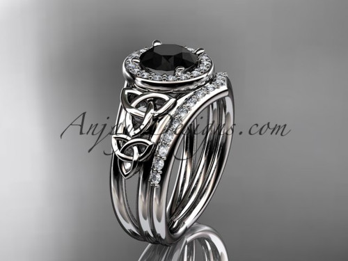 platinum diamond celtic trinity knot wedding ring, engagement set with a Black Diamond center stone CT7131S