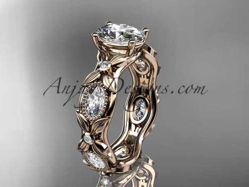 14kt rose gold diamond leaf and vine wedding ring, engagement ring with a "Forever One" Moissanite center stone ADLR152