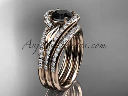 14k rose gold diamond leaf wedding ring with a Black Diamond center stone and double matching band ADLR317S