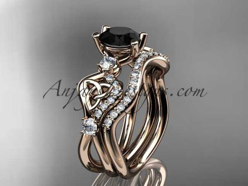 14kt rose gold celtic trinity knot engagement set, wedding ring with a Black Diamond center stone CT768S