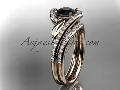 14k rose gold diamond leaf and vine wedding ring, engagement set with a Black Diamond center stone ADLR317S