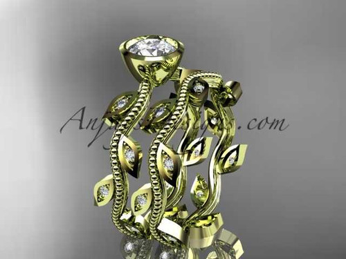 Unique Bezel Set "Forever One" Moissanite Ring, 14kt Yellow Gold Diamond Leaf Wedding Ring ADLR213S Unique Bezel Set "Forever One" Moissanite Ring, 14kt Yellow Gold Diamond Leaf Wedding Ring ADLR213S