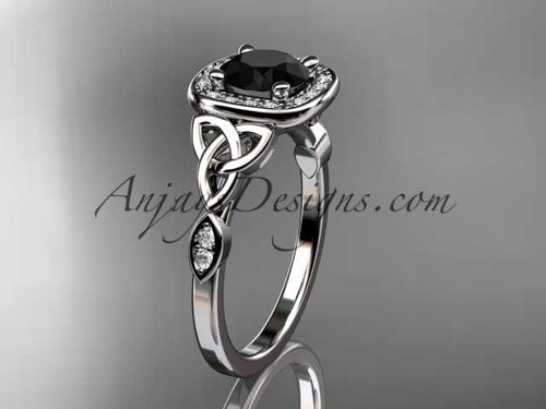 platinum diamond celtic trinity knot wedding ring, engagement ring with a Black Diamond center stone CT7179